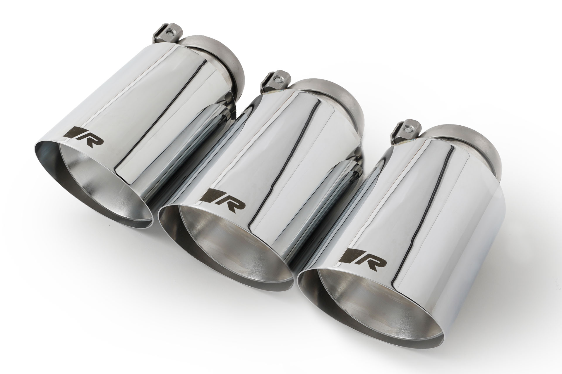 Endrohr-Set mit 3 Endrohren Ø 102 mm schräg, straight cut, verchromt, mit einstellbarem Kugelanschlu