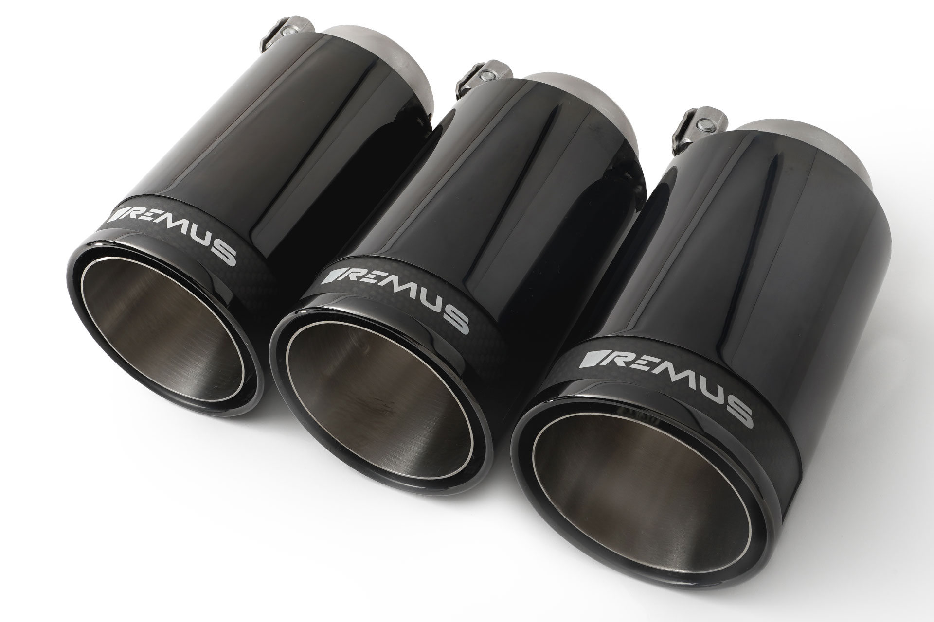 Endrohr-Set mit 3 Endrohren Ø 98 Street Race Black Chrome, mit einstellbarem Kugelanschluss