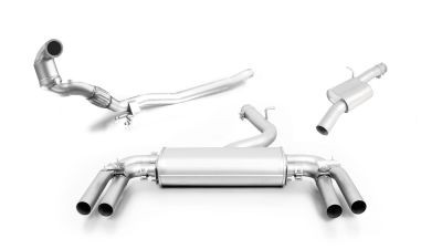 Turbo-Back-Anlage, Sportschalldämpfer mittig für Links/Rechts-Anlage mit 2 integrierten Klappen, Vorschalldämpfer und Downpipe (wählbare Endrohre), ohne CH Genehmigung