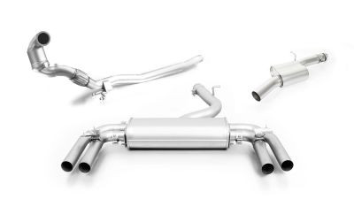 Turbo-Back-Anlage, Sportschalldämpfer mittig für Links/Rechts-Anlage mit 2 integrierten Klappen, Vorschalldämpfer und Downpipe (wählbare Endrohre), ohne CH Genehmigung